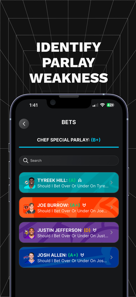 PropGPT app interface displaying AI-generated grades for NFL player props in a parlay.