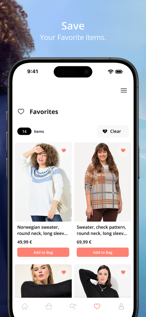 Ulla Popken - Ulla Popken app favorites screen showing saved plus size sweaters and clothing items