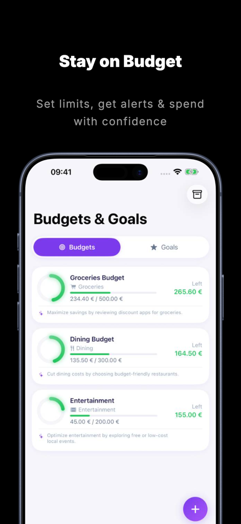 Expense Tracker Genius - Pantalla de iPhone que muestra la sección de presupuestos y metas con barras de progreso para las categorías de comestibles, restaurantes y entretenimiento.