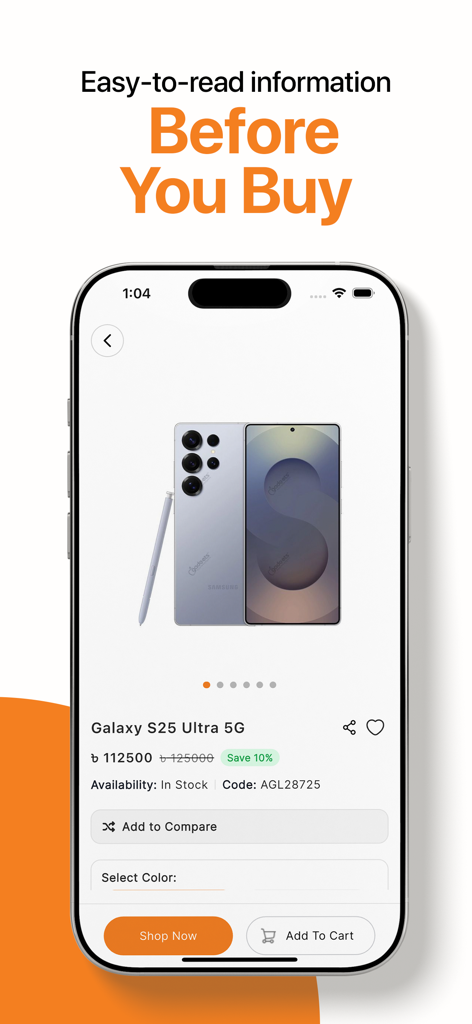 Apple Gadgets - Tech Shopping - Product details page in the Apple Gadgets app featuring a Samsung Galaxy S25 Ultra with price and stock info
