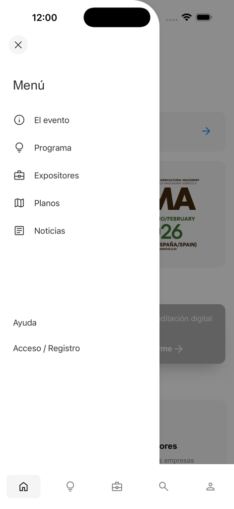 Menu de navegação lateral do aplicativo móvel FIMA Agricola mostrando opções para programa do evento, expositores, mapas e notícias