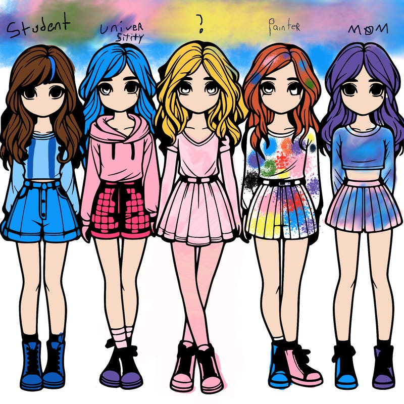 group of 6 realistic girls in a row