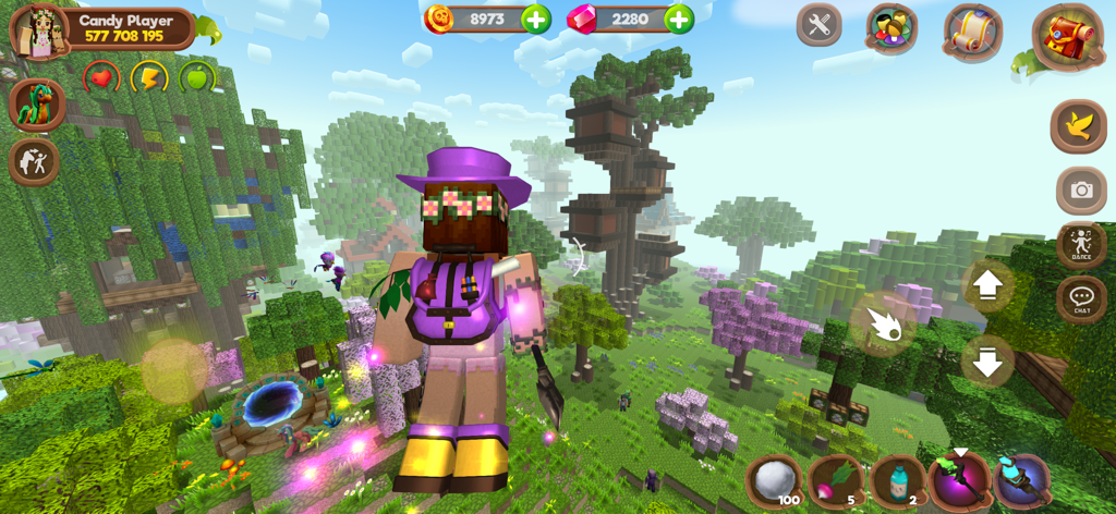 Pony World Craft - A pixelated character wearing a purple hat and backpack in a lush voxel forest environment with a magic portal