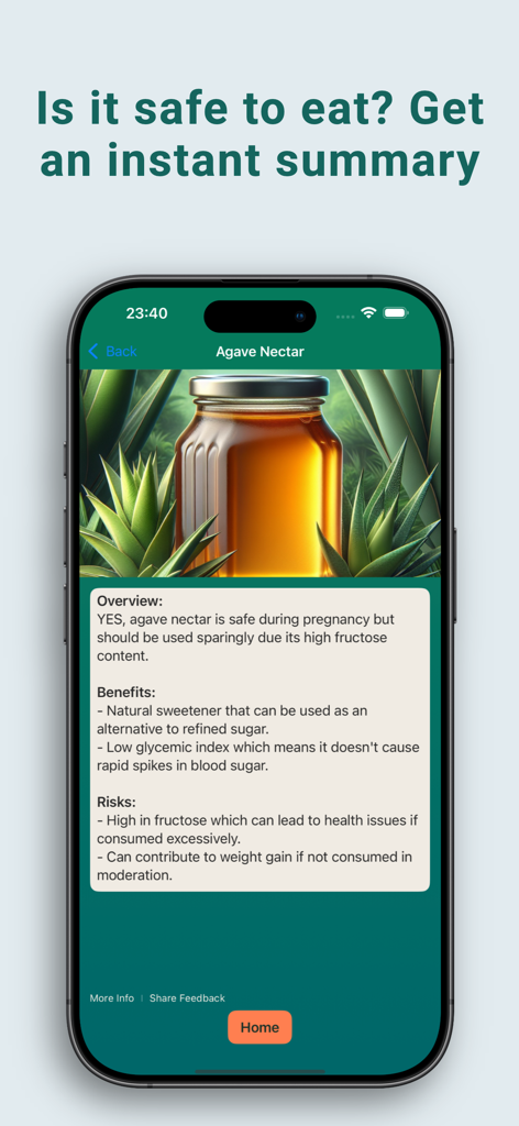 Pregnancy Food Checker & Guide - Mobile app screen showing a safety summary for agave nectar during pregnancy with listed benefits and risks