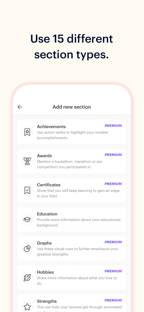 A mobile app screen listing different resume sections like achievements and awards in Kickresume.