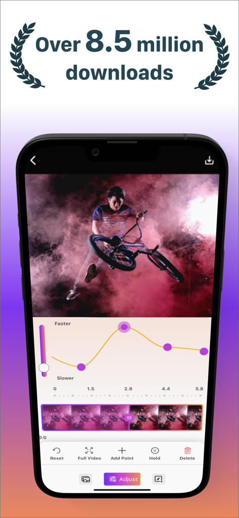 SloMo Slow Motion Video Editor - SloMo app speed curve editing interface for a BMX stunt video