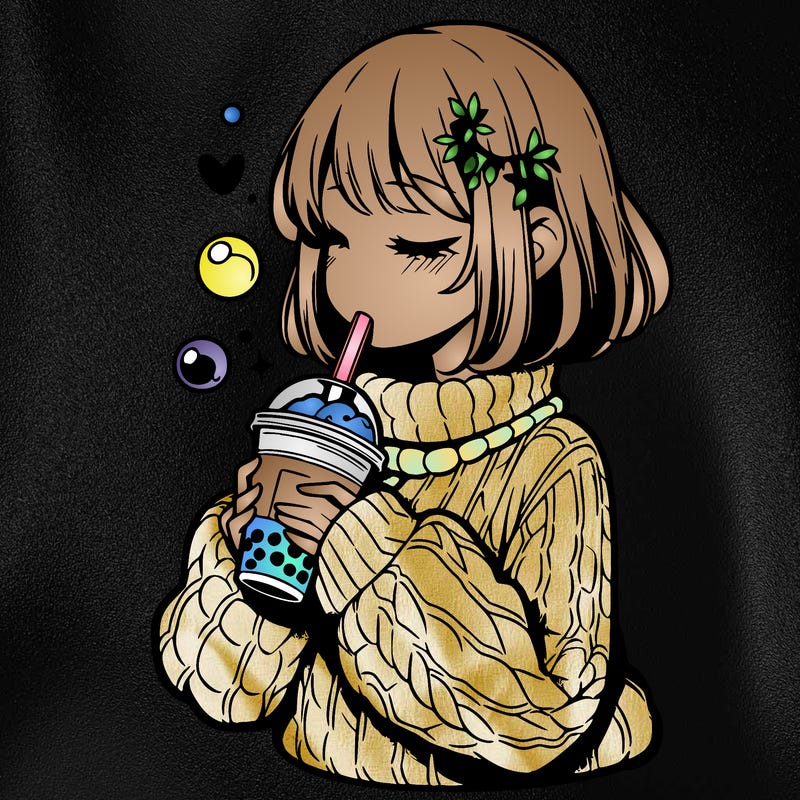 manga girl drinking boba in cozy sweater