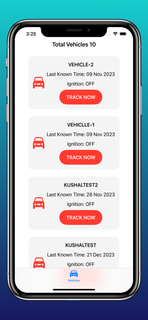 TrackX.io - Visão do painel do aplicativo TrackX mostrando uma lista de veículos com a hora da última localização conhecida e o status da ignição