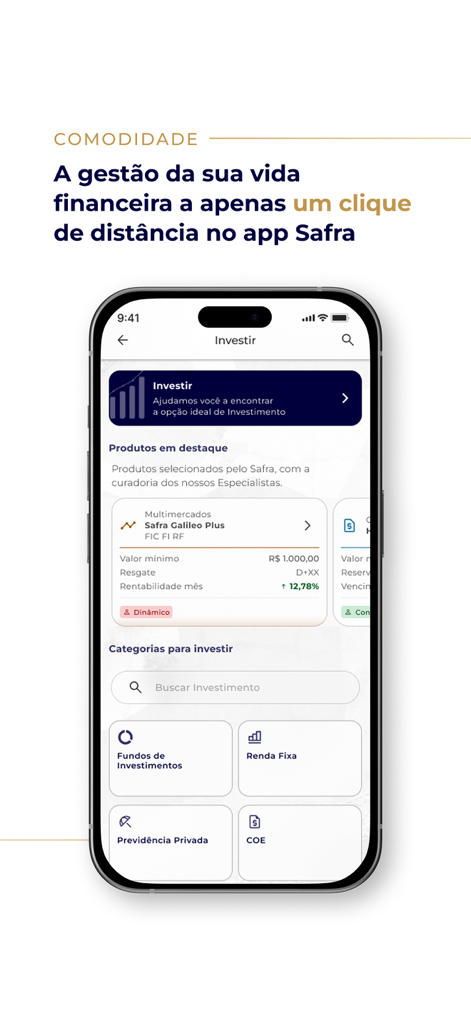 Safra: investimentos e conta - Safra app interface on a smartphone showing investment categories like fixed income and private pension.