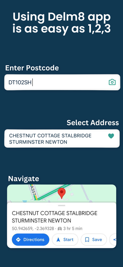 DelM8 UK Address Finder - Graphic showing the three simple steps to use the DelM8 app: Enter Postcode, Select Address, and Navigate.