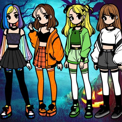 one girl with crop-top shirt and a jacket with a skirt, long socks and another girl with a shirt and pants with a jacket