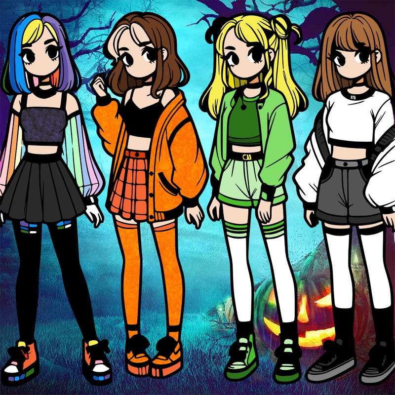 one girl with crop-top shirt and a jacket with a skirt, long socks and another girl with a shirt and pants with a jacket