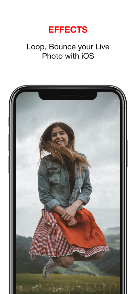 iPhone screen showing a live wallpaper of a smiling woman jumping with text about loop and bounce effects