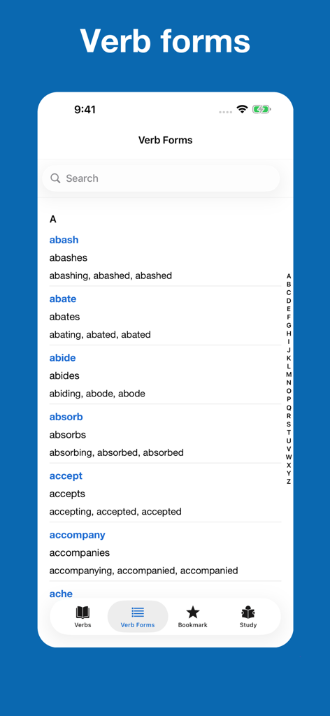 English Verb Conjugation - Uma lista de verbos em inglês e suas diferentes formas dentro do aplicativo móvel