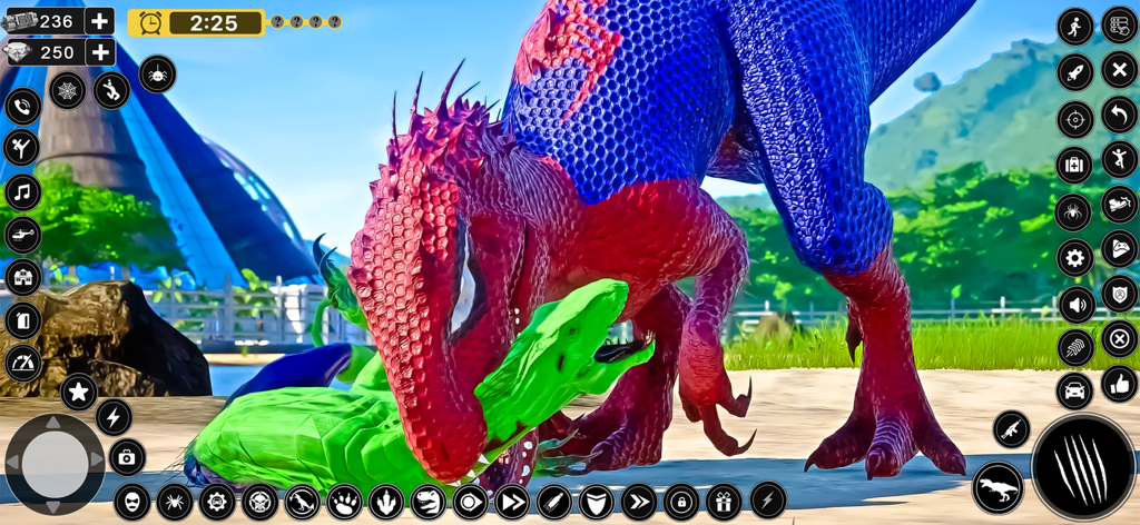 Dinosaur Monster City Rampage - Un dinosaurio con patrón rojo y azul atacando a una criatura verde en un entorno urbano 3D