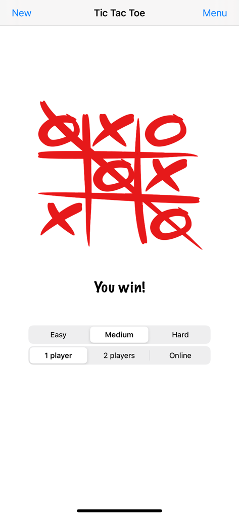 Tic Tac Toe game board showing a win on medium difficulty in one player mode