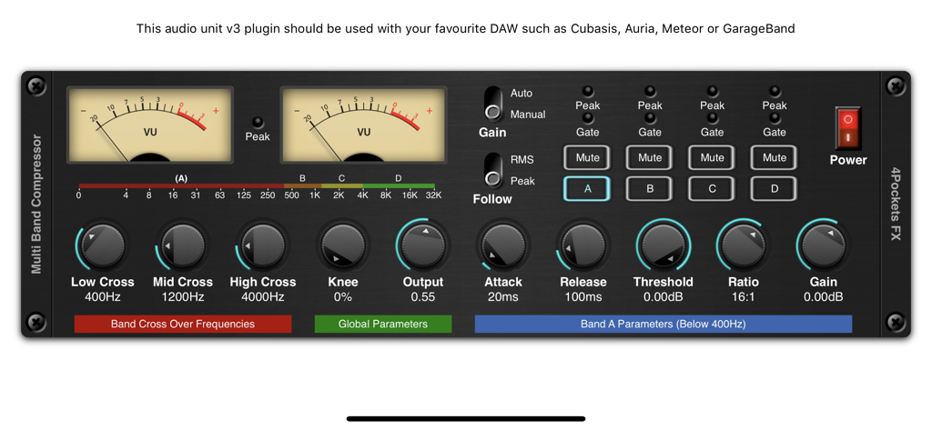 Professional 4-band compressor plugin interface with analog VU meters and adjustment knobs