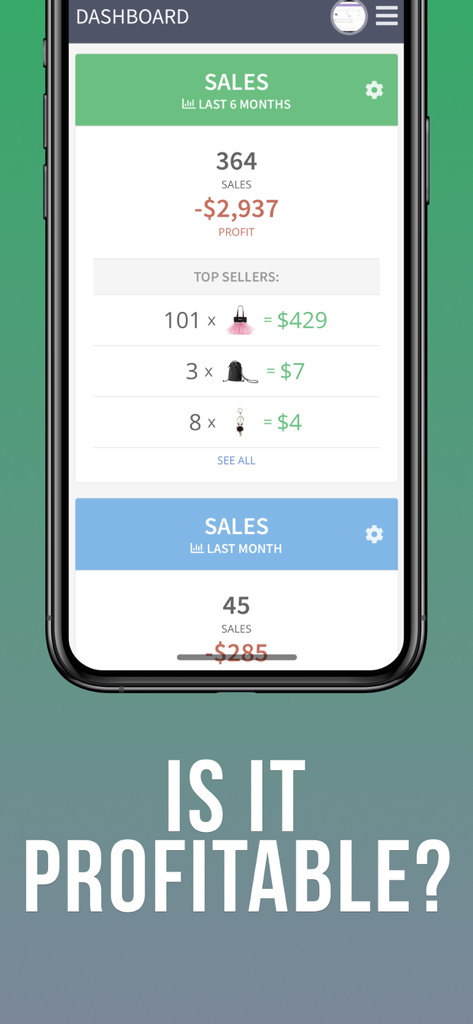 Dashboard dell'app Shopkeeper che visualizza dati in tempo reale sulle vendite e sui profitti Amazon