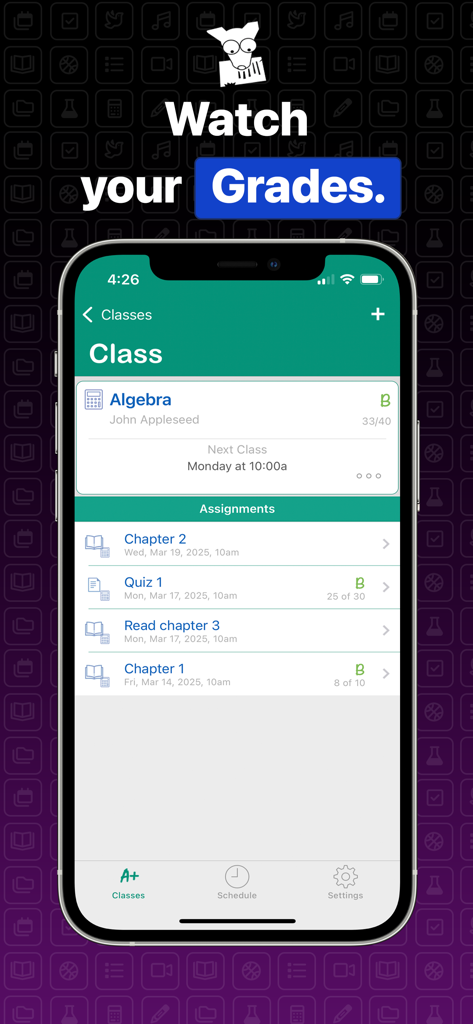 Smartphone screen of Student Planner app displaying Algebra assignments and grades
