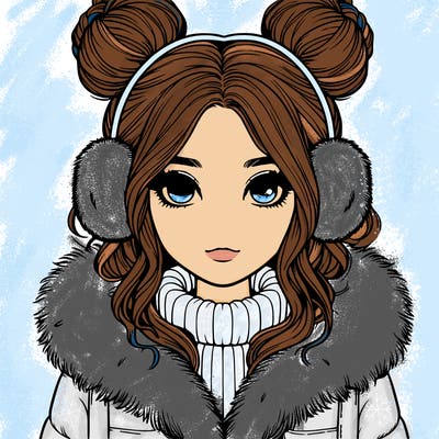 realistic girl with buns on her head wearing fur coat and earmuffs