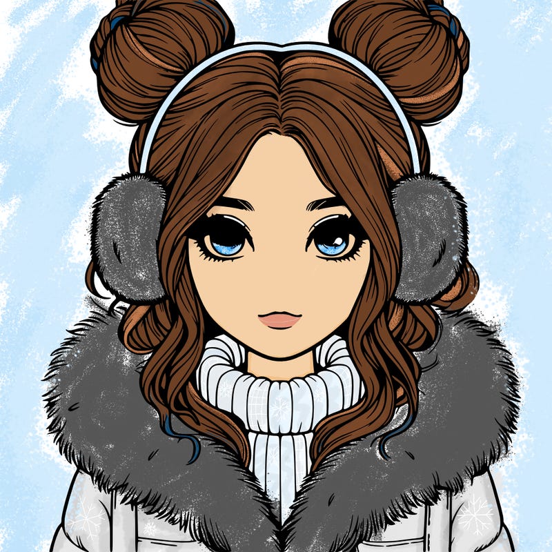 realistic girl with buns on her head wearing fur coat and earmuffs