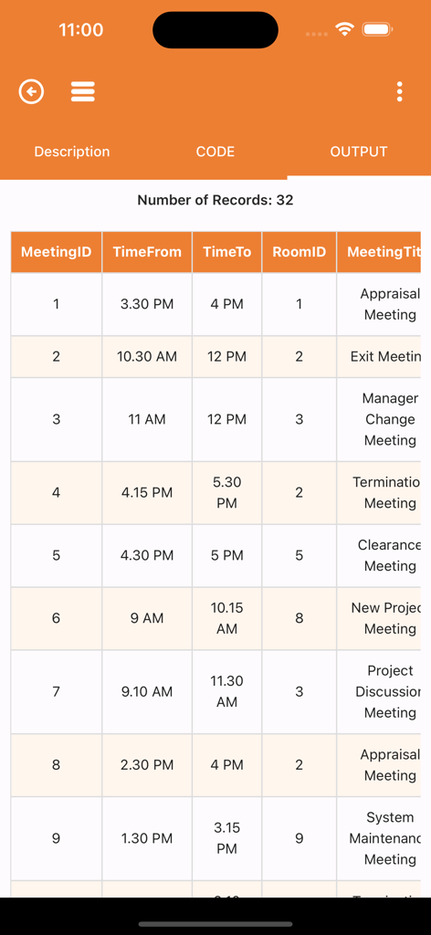 SQL Code Play - A data table showing live SQL query results in the SQL Code Play app.