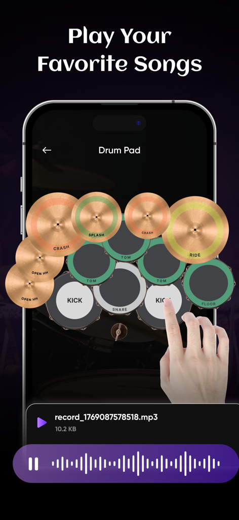 Real Tabla : AI Music Maker - Una interfaz de usuario de la aplicación Real Tabla que muestra un kit de pads de batería y una forma de onda de grabación de música en un smartphone