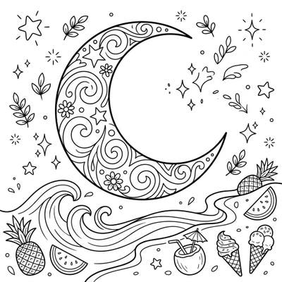 Dive into a dreamy summer night with this enchanting crescent moon coloring page. Featuring waves, tropical fruits, and sparkling stars, it's perfect for a relaxing creative escape.