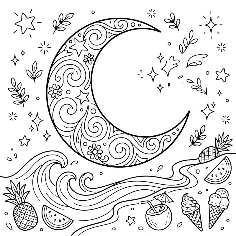 Dive into a dreamy summer night with this enchanting crescent moon coloring page. Featuring waves, tropical fruits, and sparkling stars, it's perfect for a relaxing creative escape.
