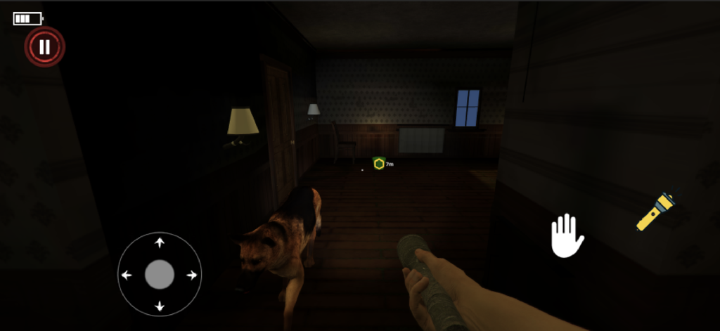 First person view of a 3D horror game showing a dog in a dark room with a flashlight
