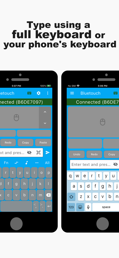 Bluetouch™ - Two phone screens showing Bluetouch app with custom and native keyboard layouts for remote control