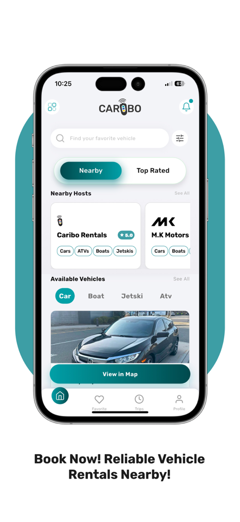 Caribo Bahamas - Caribo Bahamas 앱 인터페이스 (자동차 및 보트 예약용, 근처 렌탈 호스트 목록 포함)