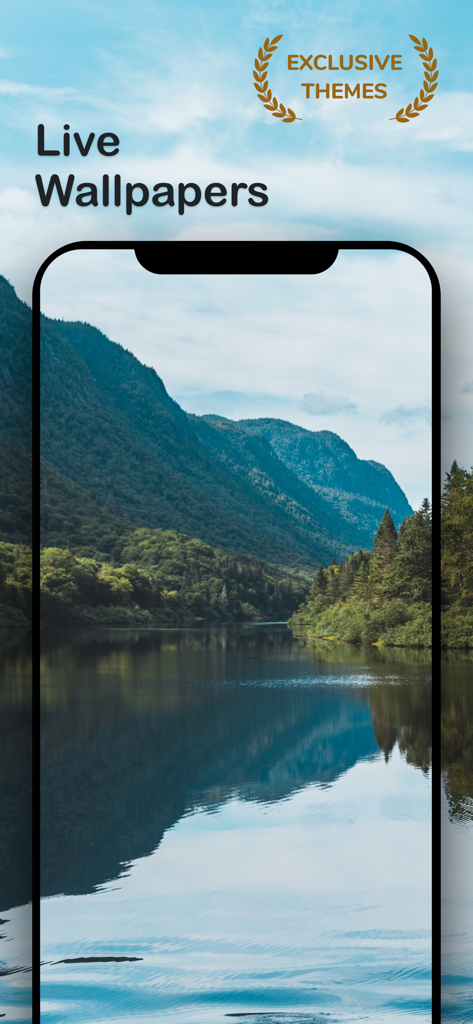 山湖と森の反射の穏やかなライブ壁紙を表示するiPhone画面