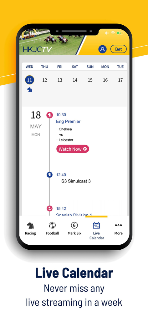 HKJC TV mobile app showing the live calendar schedule for racing and football events