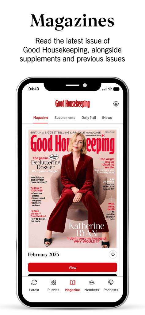 Good Housekeeping UK - Good Housekeeping UK mobile app screen displaying the magazine library with the February 2025 issue featuring Katherine Ryan on the cover
