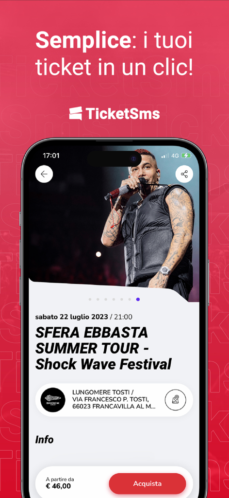 TicketSms - Interfaccia app TicketSms che mostra i dettagli di un concerto di Sfera Ebbasta con pulsante di acquisto