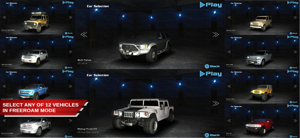 OffRoad Drive Desert - A menu showing a variety of 4x4 offroad vehicles and pickup trucks available in the game