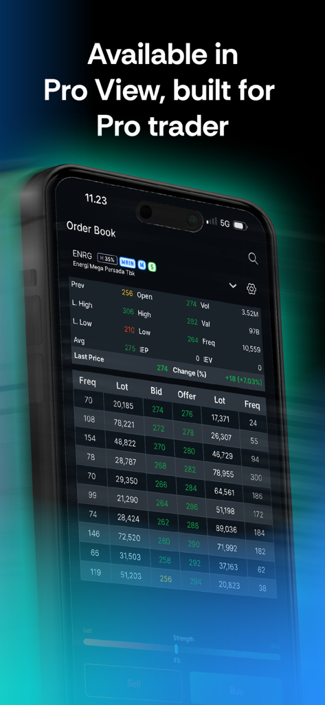 Growin' - Invest & Trade - Interfaz de la aplicación Growin que muestra el Libro de Órdenes de Vista Pro con datos detallados del mercado de valores en tiempo real para traders profesionales.