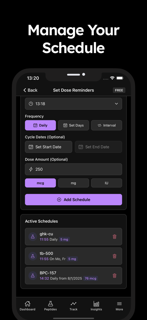 Peptide Tracker & Calculator - Peptide Tracker app interface for setting dose reminders and managing injection schedules for different compounds