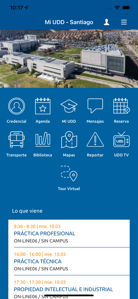 Mi UDD - Interfaccia principale dell'app Mi UDD con icone dei servizi universitari e un elenco delle prossime lezioni degli studenti.