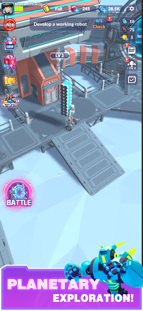 A futuristic space base with an astronaut character and a mecha robot in Space Survivor Star Pioneer.