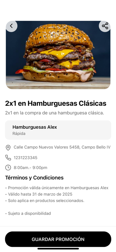 Panzon To Go - Promoción de hamburguesa clásica con doble queso en Hamburguesas Alex en la aplicación Panzon To Go