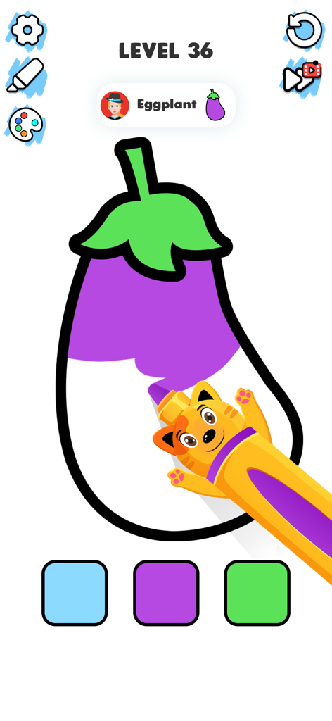 Color ASMR Game: Coloring Page - A mobile app screen showing a cat-shaped pen coloring an eggplant in a digital ASMR coloring game.