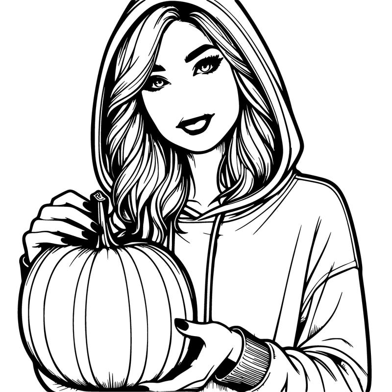 realistic woman in a hoodie holding a pumpkin