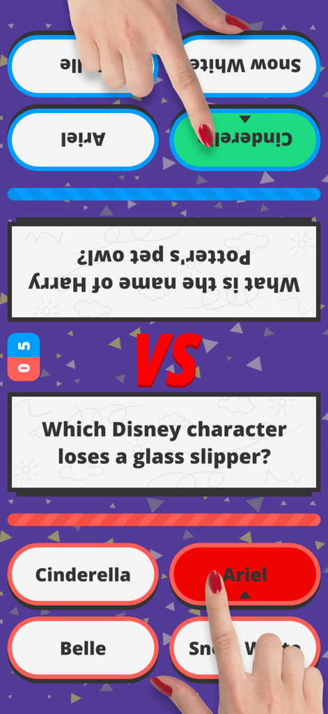 2 Player Trivia - Two people competing in a head-to-head trivia duel on a single smartphone screen