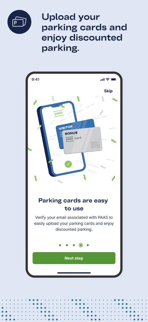PAAS - Schermata di onboarding dell'app PAAS che spiega come caricare le tessere di parcheggio visitatori e bonus per sconti