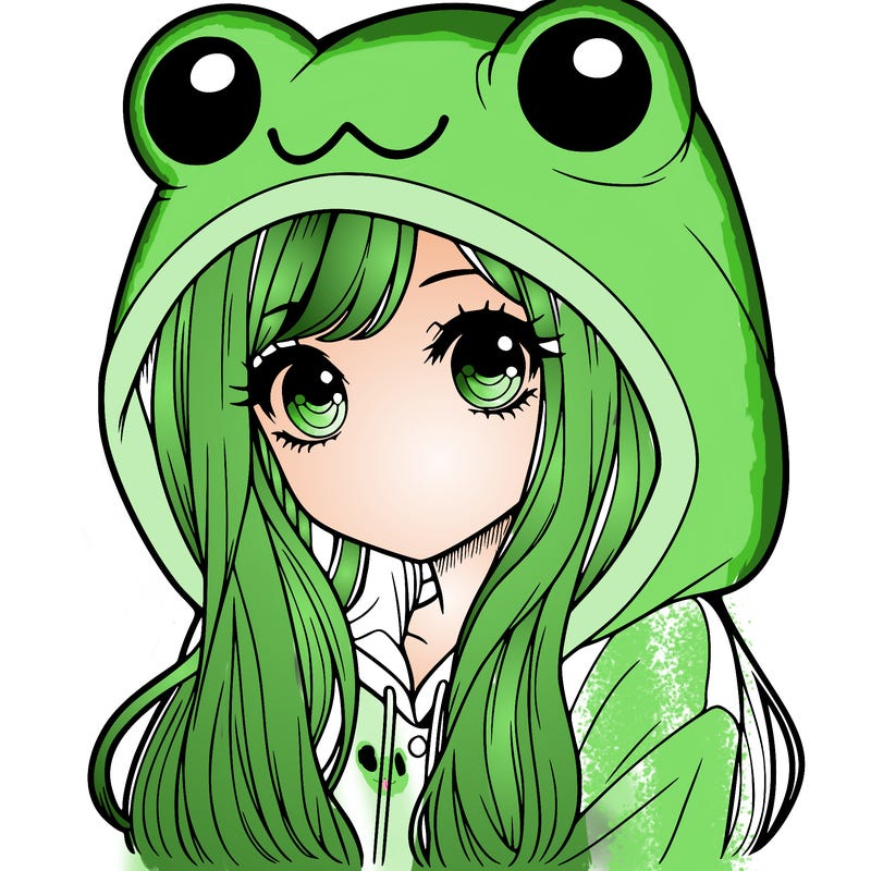 a pretty girl wearing a frog hoodie portrait with long hair