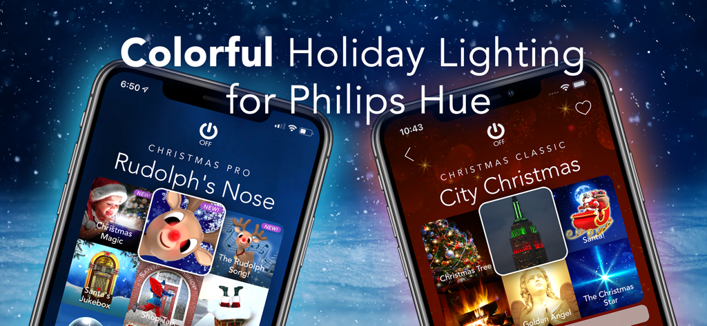 Two smartphones displaying the OnSwitch app featuring Christmas and holiday lighting scenes for Philips Hue bulbs against a snowy background.
