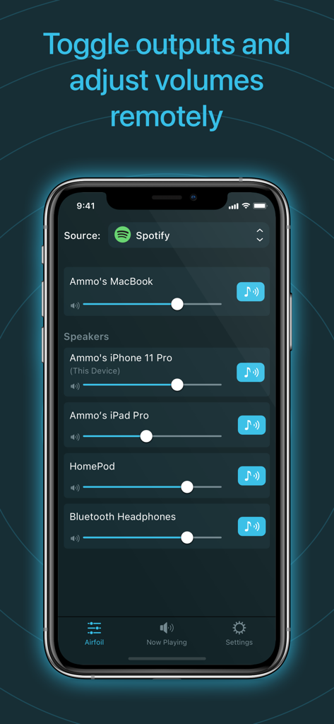 Airfoil Satellite - Airfoil Satellite app interface showing remote volume adjustments and output toggling for multiple Apple devices.