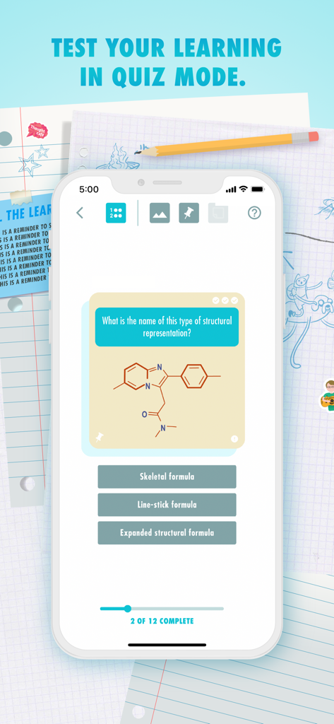 A chemistry quiz question on a mobile phone showing a molecular structure with multiple choice answers in the Crash Course app.